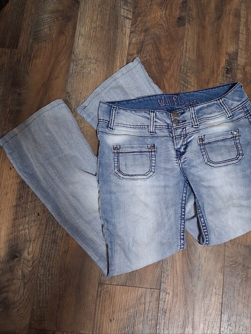 WallFlower Faded Light Blue Women's Boyfriend Jeans Bootcut Y2K Skater 2000's